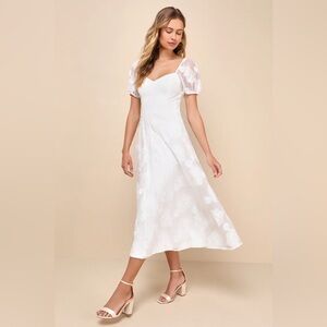 Lulu’s Sweetest Behavior White Embroidered Puff Sleeve Midi Dress